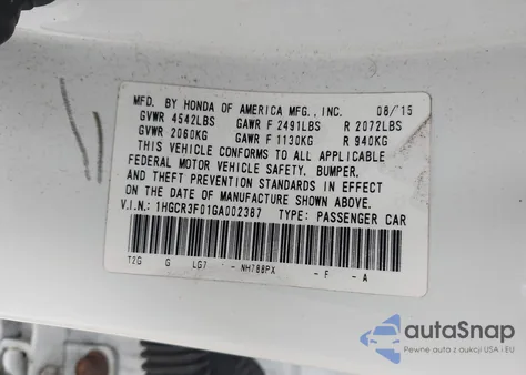 2016 Honda Accord Ex-L V-6 z USA, uszkodzony, nr VIN 1HGCR3F01GA002387